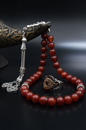 Doğal Akik Taşlı Tesbih Ve 925 Ayar Gümüş Yüzük Ay Yıldızlı (AYYILDIZLI) Kırmızı 901979