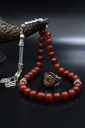 Doğal Akik Taşlı Tesbih Ve 925 Ayar Gümüş Yüzük Ay Yıldızlı (AYYILDIZLI) Kırmızı 901979