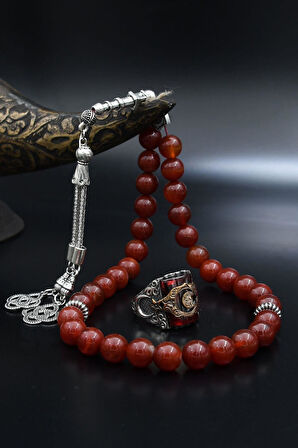 Doğal Akik Taşlı Tesbih Ve 925 Ayar Gümüş Yüzük Ay Yıldızlı (AYYILDIZLI) Kırmızı Zirkon Taşlı 901980