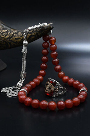 Doğal Akik Taşlı Tesbih Ve 925 Ayar Gümüş Yüzük Ay Yıldızlı (AYYILDIZLI) Kırmızı Zirkon Taşlı 901980