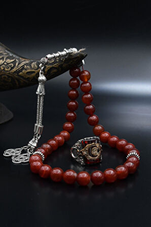 Doğal Akik Taşlı Tesbih Ve 925 Ayar Gümüş Yüzük Ay Yıldızlı (AYYILDIZLI) Kırmızı Zirkon Taşlı 901980