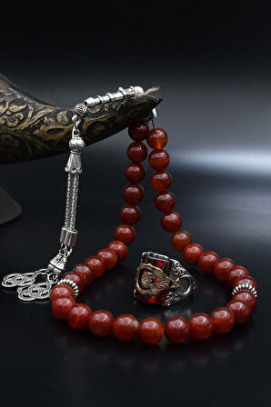 Doğal Akik Taşlı Tesbih Ve 925 Ayar Gümüş Yüzük Ay Yıldızlı (AYYILDIZLI) Kırmızı Zirkon Taşlı 901980