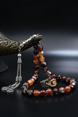 Doğal Damarlı Akik Taşlı Tesbih Ve 925 Ayar Gümüş Yüzük Ay Yıldızlı 901982