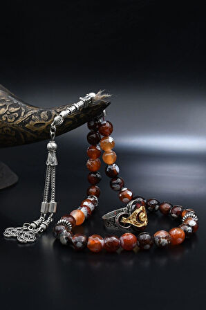 Doğal Damarlı Akik Taşlı Tesbih Ve 925 Ayar Gümüş Yüzük Ay Yıldızlı 901982