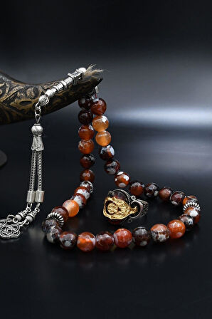 Doğal Damarlı Akik Taşlı Tesbih Ve 925 Ayar Gümüş Yüzük Ay Yıldızlı 901982