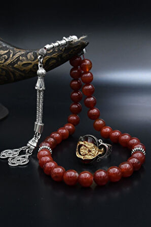 Doğal Akik Taşlı Tesbih Ve 925 Ayar Gümüş Yüzük Ay Yıldızlı 901983