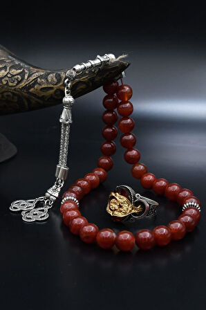 Doğal Akik Taşlı Tesbih Ve 925 Ayar Gümüş Yüzük Ay Yıldızlı 901983