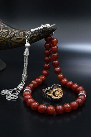 Doğal Akik Taşlı Tesbih Ve 925 Ayar Gümüş Yüzük Ay Yıldızlı 901983