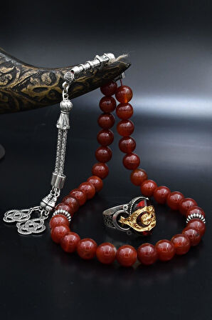 Doğal Akik Taşlı Tesbih Ve 925 Ayar Gümüş Yüzük Ay Yıldızlı 901983