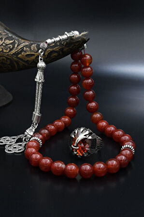 Doğal Damarlı Akik Taşlı Tesbih Ve 925 Ayar Gümüş Yüzük Zülfikar Figürlü Kırmızı Zirkon Taşlı 901990