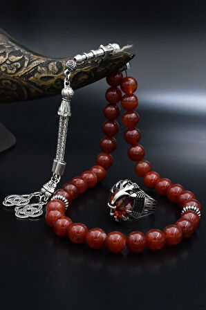Doğal Akik Taşlı Tesbih Ve 925 Ayar Gümüş Yüzük Zülfikar Figürlü Kırmızı Zirkon Taşlı 901991