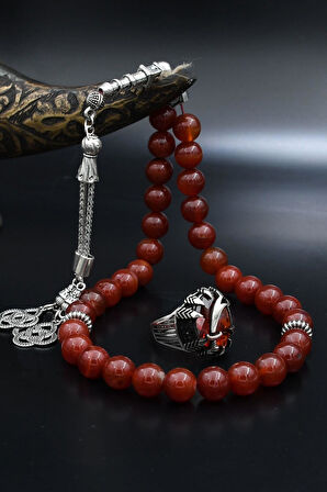 Doğal Akik Taşlı Tesbih Ve 925 Ayar Gümüş Yüzük Zülfikar Figürlü Kırmızı Zirkon Taşlı 901991