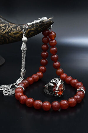 Doğal Akik Taşlı Tesbih Ve 925 Ayar Gümüş Yüzük Zülfikar Figürlü Kırmızı Zirkon Taşlı 901991