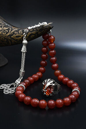 Doğal Akik Taşlı Tesbih Ve 925 Ayar Gümüş Yüzük Zülfikar Figürlü Kırmızı Zirkon Taşlı 901991