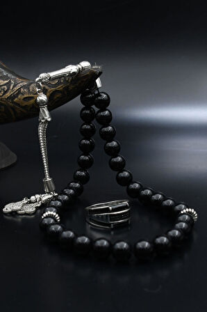 Doğal Oniks Taşlı Tesbih Ve 925 Ayar Gümüş Yüzük Siyah Baget Taşlı 901993