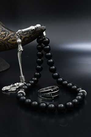 Doğal Oniks Taşlı Tesbih Ve 925 Ayar Gümüş Yüzük Siyah Baget Taşlı 901993