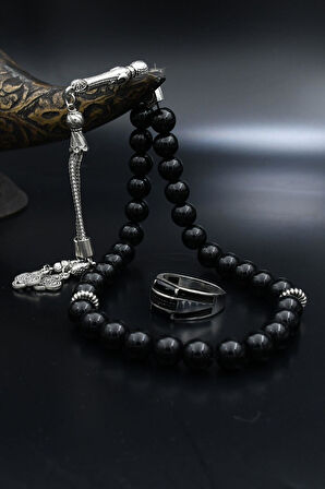 Doğal Oniks Taşlı Tesbih Ve 925 Ayar Gümüş Yüzük Siyah Baget Taşlı 901993