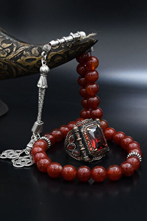 Doğal Akik Taşlı Tesbih Ve 925 Ayar Gümüş Yüzük Kırmızı Zirkon Taşlı 901994