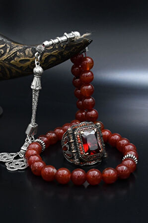 Doğal Akik Taşlı Tesbih Ve 925 Ayar Gümüş Yüzük Kırmızı Zirkon Taşlı 901994