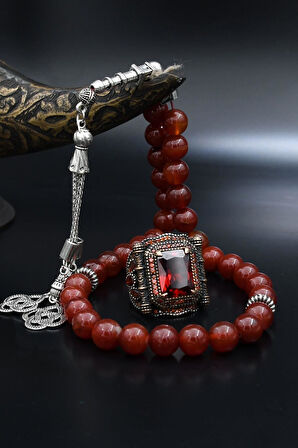 Doğal Akik Taşlı Tesbih Ve 925 Ayar Gümüş Yüzük Kırmızı Zirkon Taşlı 901994