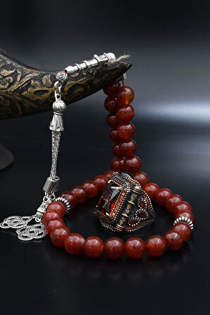 Doğal Akik Taşlı Tesbih Ve 925 Ayar Gümüş Yüzük Kırmızı Zirkon Taşlı 901994