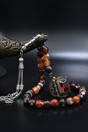 Doğal Damarlı Akik Taşlı Tesbih Ve 925 Ayar Gümüş Yüzük Kırmızı Zirkon Taşlı 901995