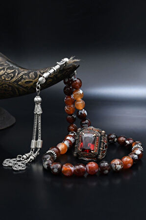 Doğal Damarlı Akik Taşlı Tesbih Ve 925 Ayar Gümüş Yüzük Kırmızı Zirkon Taşlı 901995