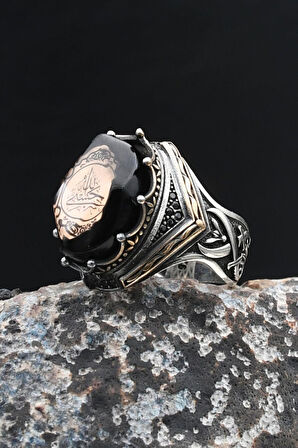 Hz. Ali Zülfikar Kılıcı ve Hasbiyallah Yazılı Sıkma Kehribar Taşlı 925 Ayar Gümüş Yüzük 901997