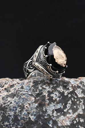 Hz. Ali Zülfikar Kılıcı ve Hasbiyallah Yazılı Sıkma Kehribar Taşlı 925 Ayar Gümüş Yüzük 901997