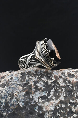 Hz. Ali Zülfikar Kılıcı ve Hasbiyallah Yazılı Sıkma Kehribar Taşlı 925 Ayar Gümüş Yüzük 901997