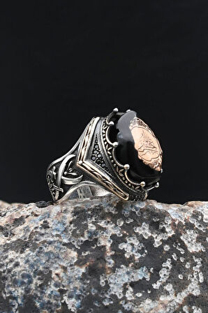 Hz. Ali Zülfikar Kılıcı ve Hasbiyallah Yazılı Sıkma Kehribar Taşlı 925 Ayar Gümüş Yüzük 901997