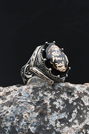 Hz. Ali Zülfikar Kılıcı ve Mührü Şerif 925 Ayar Gümüş Yüzük Sıkma Kehribar Taşlı 901998