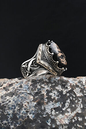 Hz. Ali Zülfikar Kılıcı ve Mührü Şerif 925 Ayar Gümüş Yüzük Sıkma Kehribar Taşlı 901998