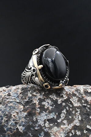 Siyah Oniks Taşlı 925 Ayar Gümüş Yüzük 902002