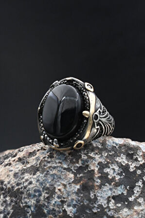 Siyah Oniks Taşlı 925 Ayar Gümüş Yüzük 902002