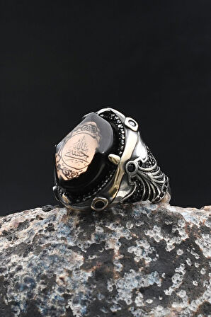 Hasbiyallah Yazılı Sıkma Kehribar Taşlı 925 Ayar Gümüş Yüzük 902006