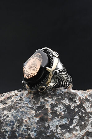 Hasbiyallah Yazılı Sıkma Kehribar Taşlı 925 Ayar Gümüş Yüzük 902006