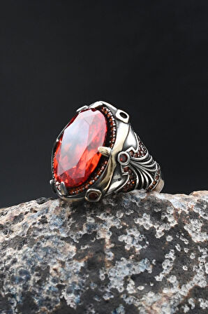 Erkek Yüzük Kırmızı Zirkon Taşlı Zirkon Taş Süslemeli 925 Ayar Gümüş 902008