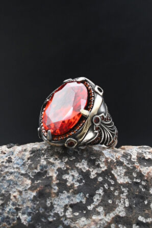 Erkek Yüzük Kırmızı Zirkon Taşlı Zirkon Taş Süslemeli 925 Ayar Gümüş 902008