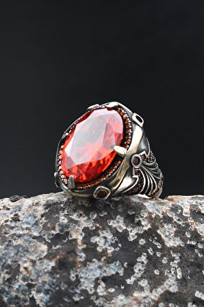 Erkek Yüzük Kırmızı Zirkon Taşlı Zirkon Taş Süslemeli 925 Ayar Gümüş 902008