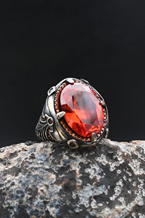 Erkek Yüzük Kırmızı Zirkon Taşlı Zirkon Taş Süslemeli 925 Ayar Gümüş 902008