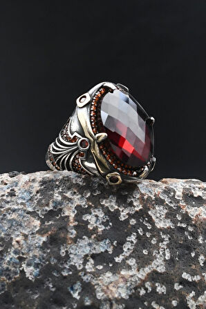 Kırmızı Zirkon Taşlı Zirkon Taş Süslemeli 925 Ayar Gümüş Erkek Yüzük 902009