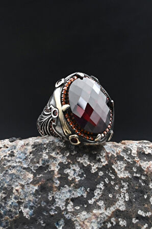 Kırmızı Zirkon Taşlı Zirkon Taş Süslemeli 925 Ayar Gümüş Erkek Yüzük 902009