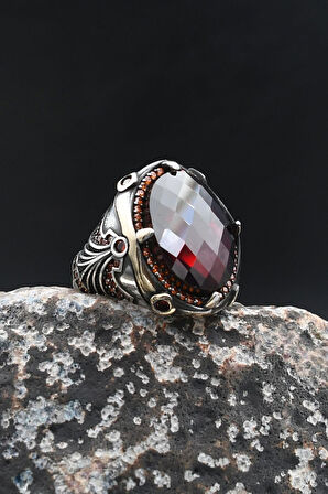 Kırmızı Zirkon Taşlı Zirkon Taş Süslemeli 925 Ayar Gümüş Erkek Yüzük 902009