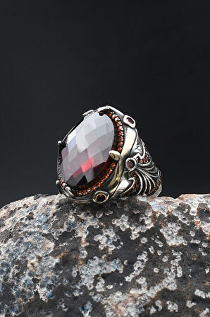 Kırmızı Zirkon Taşlı Zirkon Taş Süslemeli 925 Ayar Gümüş Erkek Yüzük 902009