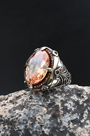 925 Ayar Gümüş Erkek Yüzük Şampanya Topaz Taşlı Zirkon Taş Süslemeli 902010