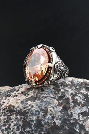 925 Ayar Gümüş Erkek Yüzük Şampanya Topaz Taşlı Zirkon Taş Süslemeli 902010