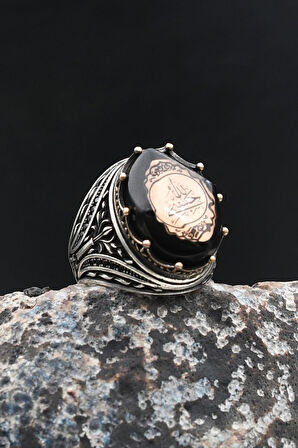 Sıkma Kehribar Taşlı Hasbiyallah Yazılı 925 Ayar Gümüş Yüzük 902011