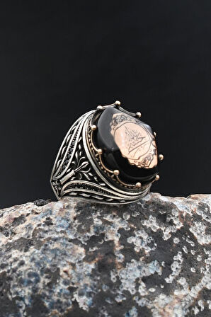 Sıkma Kehribar Taşlı Hasbiyallah Yazılı 925 Ayar Gümüş Yüzük 902011