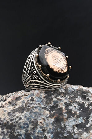 Sıkma Kehribar Taşlı Hasbiyallah Yazılı 925 Ayar Gümüş Yüzük 902011